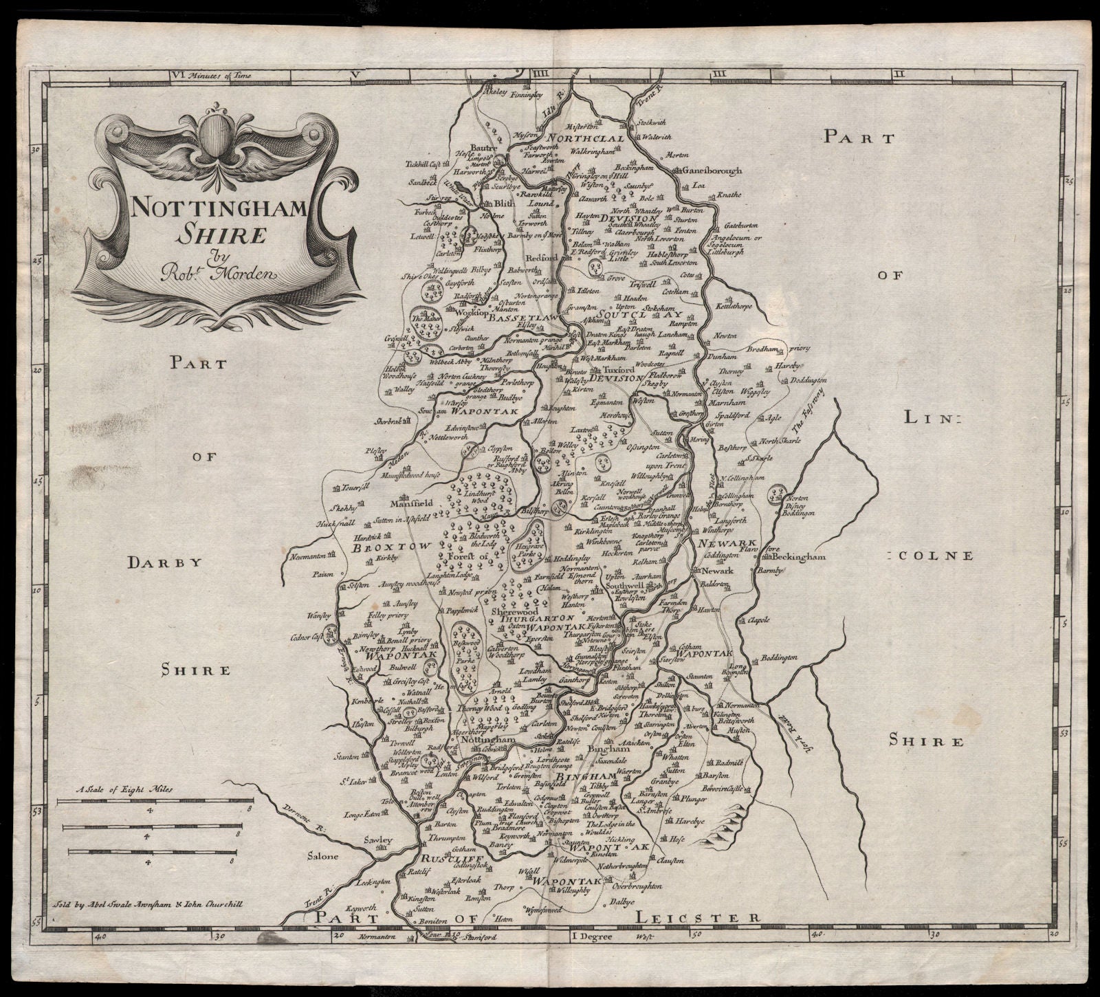 NOTTINGHAMSHIRE. by ROBERT MORDEN from Camden's Britannia 1695 old antique map
